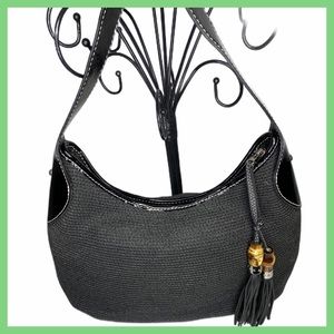 Talbot’s Black Straw And Patent Bag With Bamboo